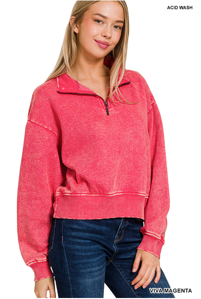 ACID WASH FLEECE HALF ZIP PULLOVER - Moonlight Boutique