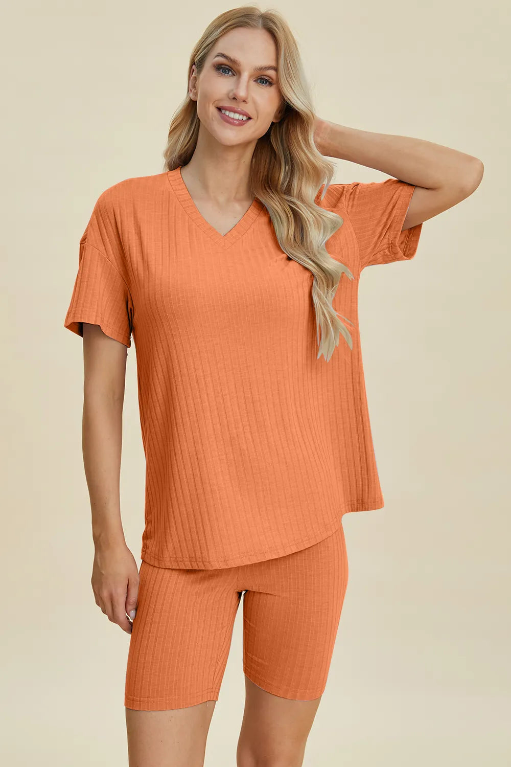 Basic Bae Full Size Ribbed V-Neck Short Sleeve Top and Shorts Set Clothing Set Tangerine