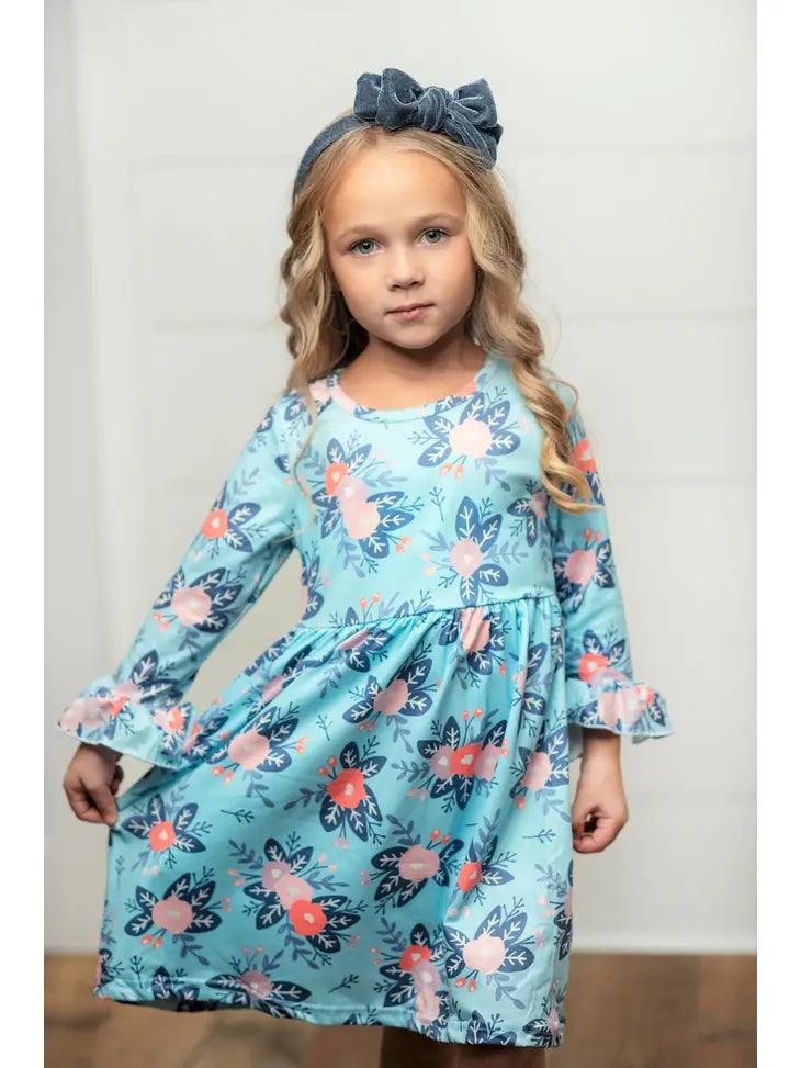 Kids Claire Pink & Teal Floral Twirl Dress - Moonlight Boutique