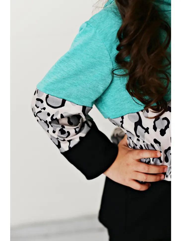 Kids Teal Black & Leopard Print Winter Hoodie Shirt - Moonlight Boutique