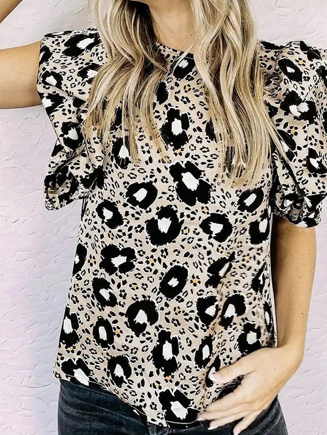 Crew Neck Ruffle Sleeves Leopard Blouse - Moonlight Boutique