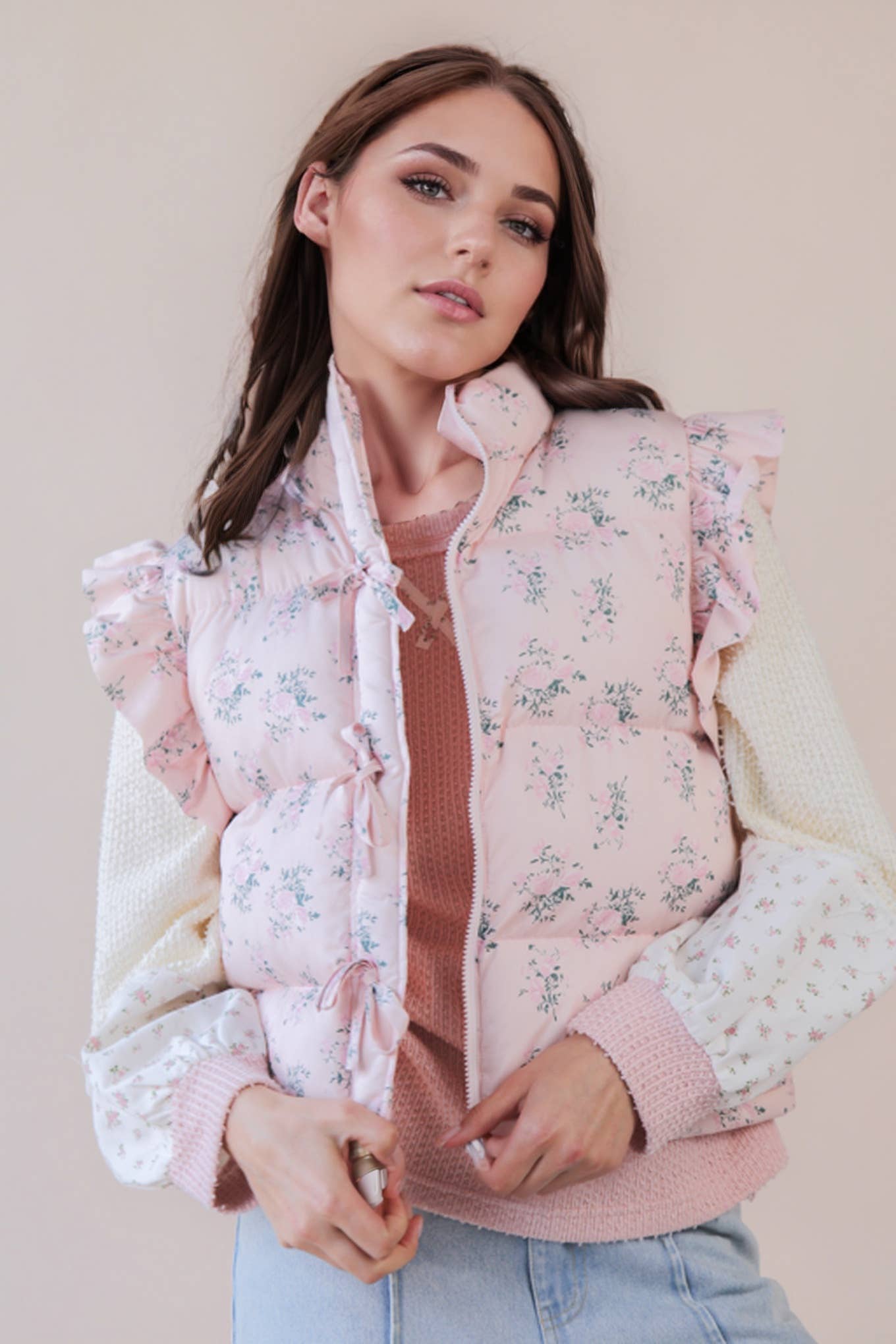 Front Bow Ruffle Sleeve Puffer Vest vest PINK FLORAL