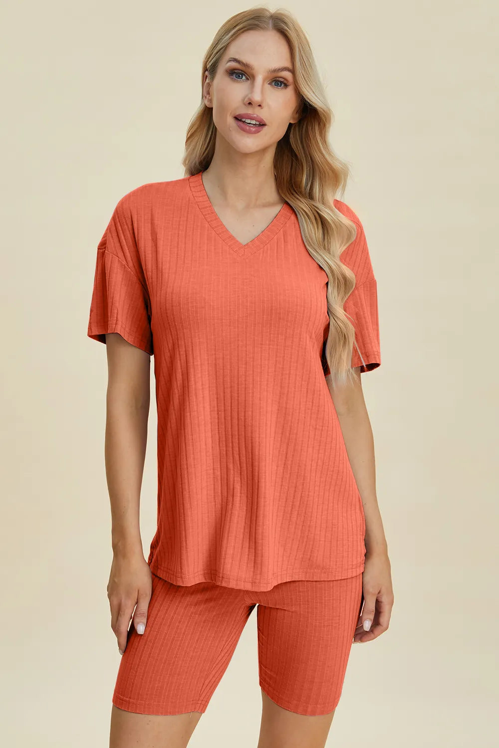 Basic Bae Full Size Ribbed V-Neck Short Sleeve Top and Shorts Set Clothing Set Coral