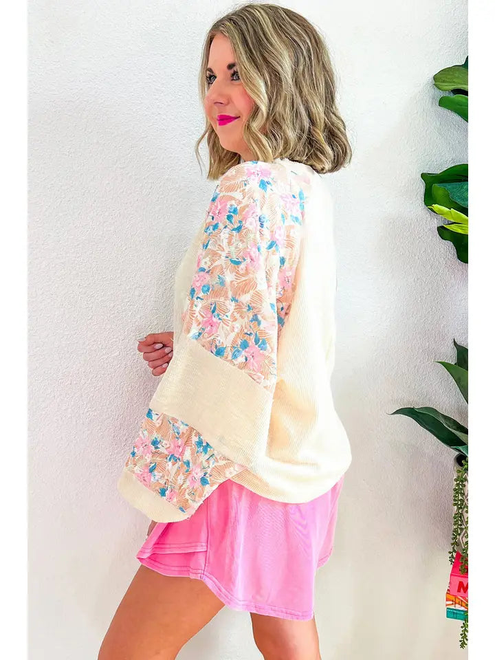 Apricot Plus Size Floral Patchwork Ribbed Puff Sleeve Top