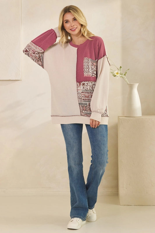 Patchwork Knit Long Sleeve Pullover Top - Oatmeal & Burgundy Color Block Sweater