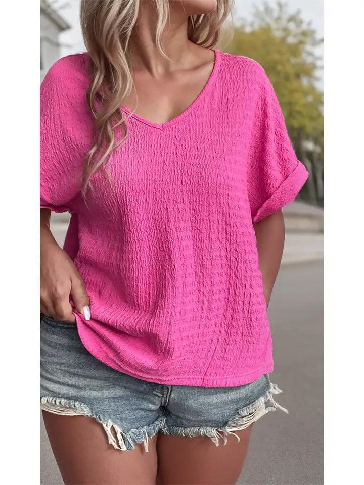 Plus Size Textured Folded Sleeve V Neck T Shirt - Moonlight Boutique