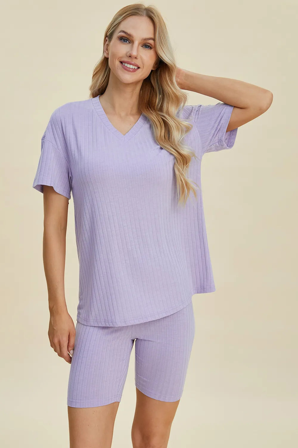 Basic Bae Full Size Ribbed V-Neck Short Sleeve Top and Shorts Set Clothing Set Lavender