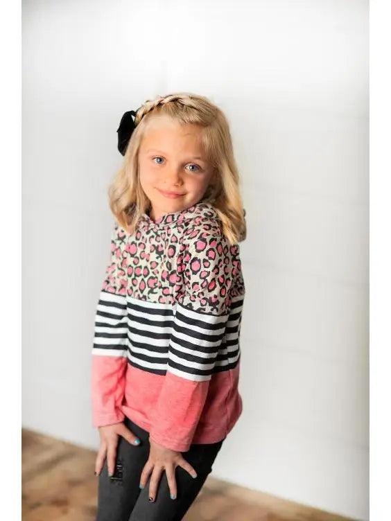 Kids Pink Leopard Stripe Long Sleeve Hoodie Shirt - Moonlight Boutique