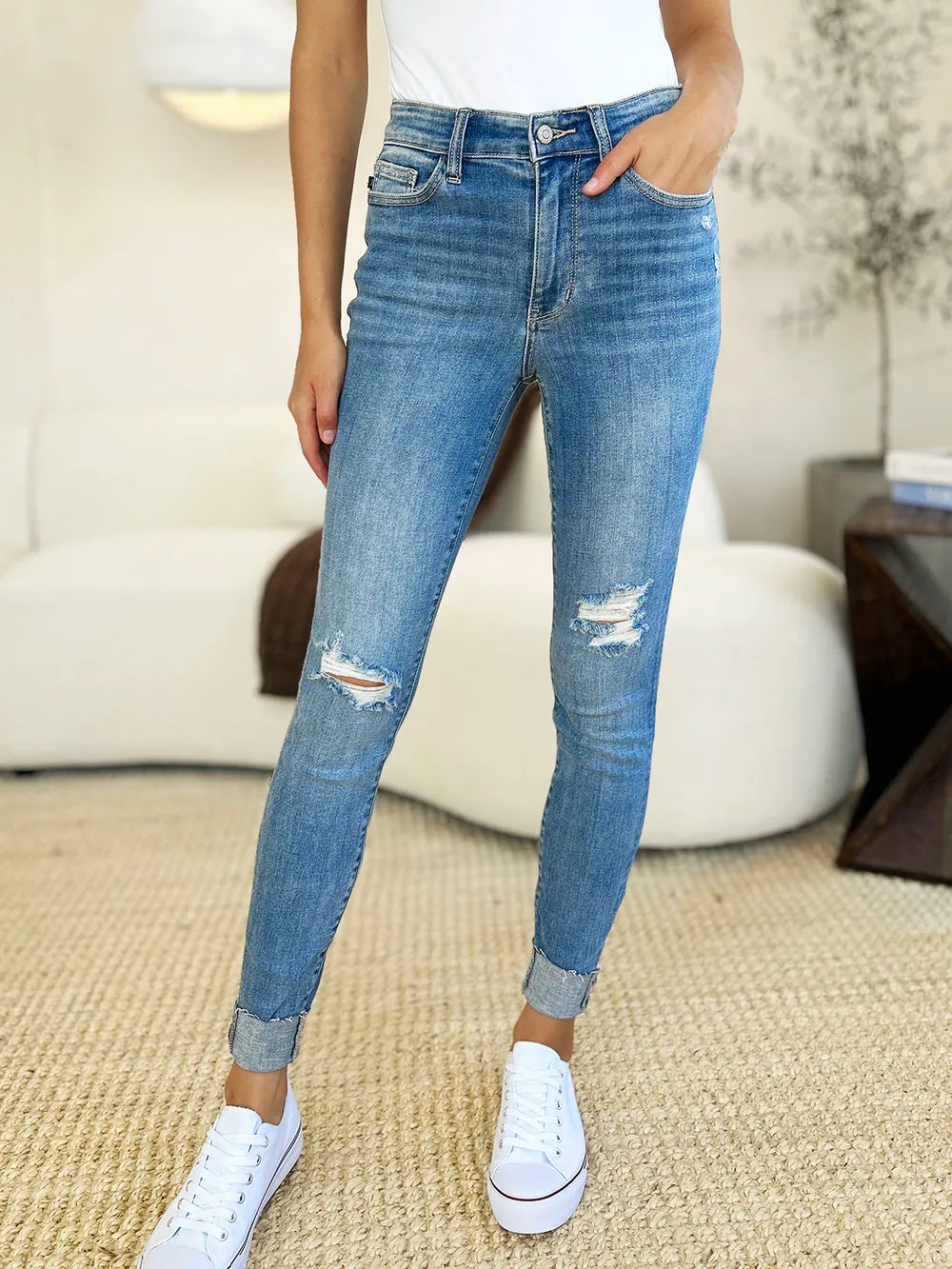 Judy Blue Full Size Mid Rise Destroy & Cuff Skinny Jeans Judy Blue