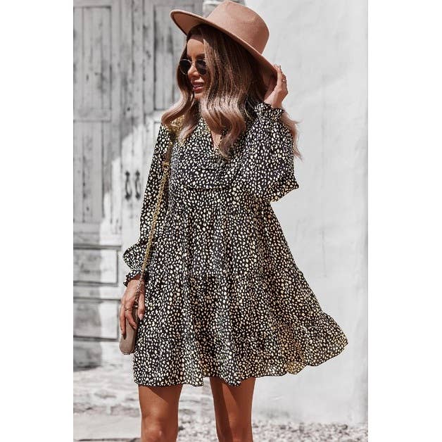 V Neck Polka Dot Long Sleeve Dress - Moonlight Boutique