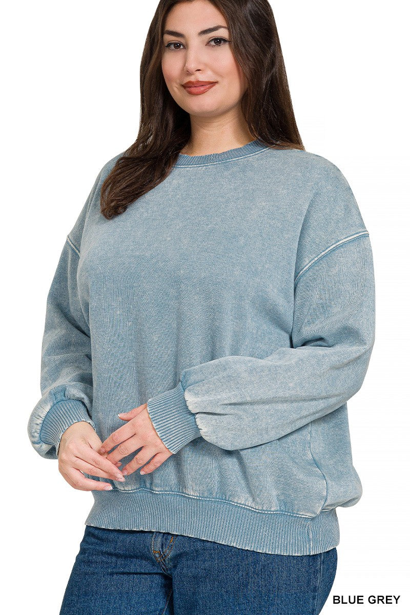 Plus Acid Wash Oversized Fleece Pullover Sweatshirt Blue Grey