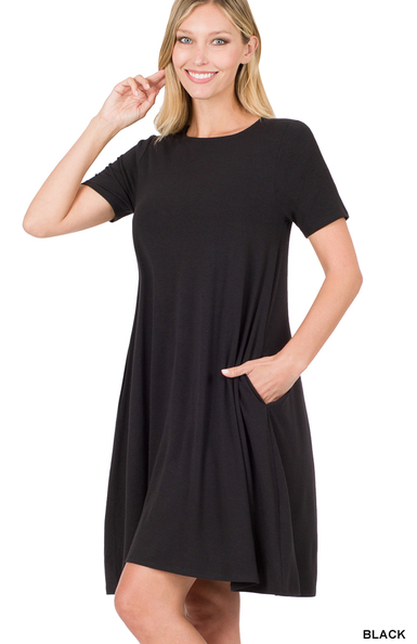 SHORT SLEEVE FLARED DRESS WITH SIDE POCKETS - Moonlight Boutique