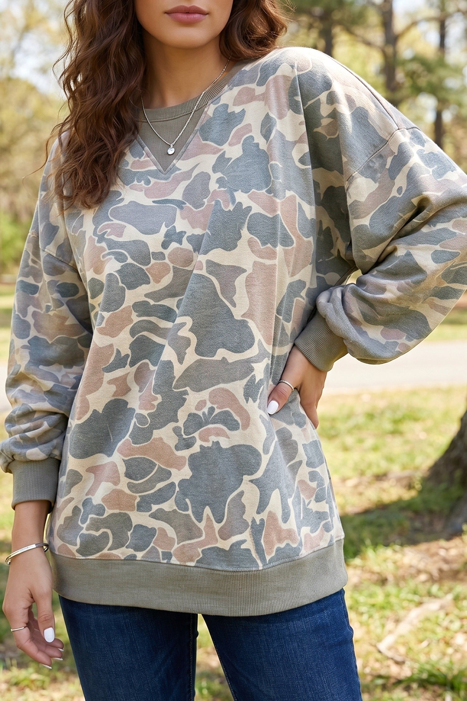 Multicolour Camo Print Ribbed Trim Pullover Sweatshirt Sweatshirt