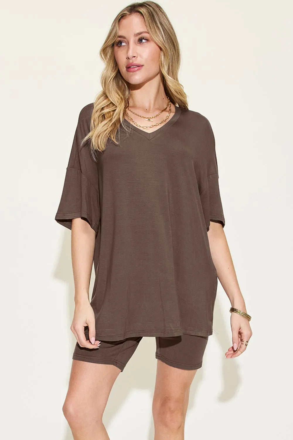Basic Bae Full Size V-Neck Drop Shoulder T-Shirt and Shorts Set Clothing Set Chocolate