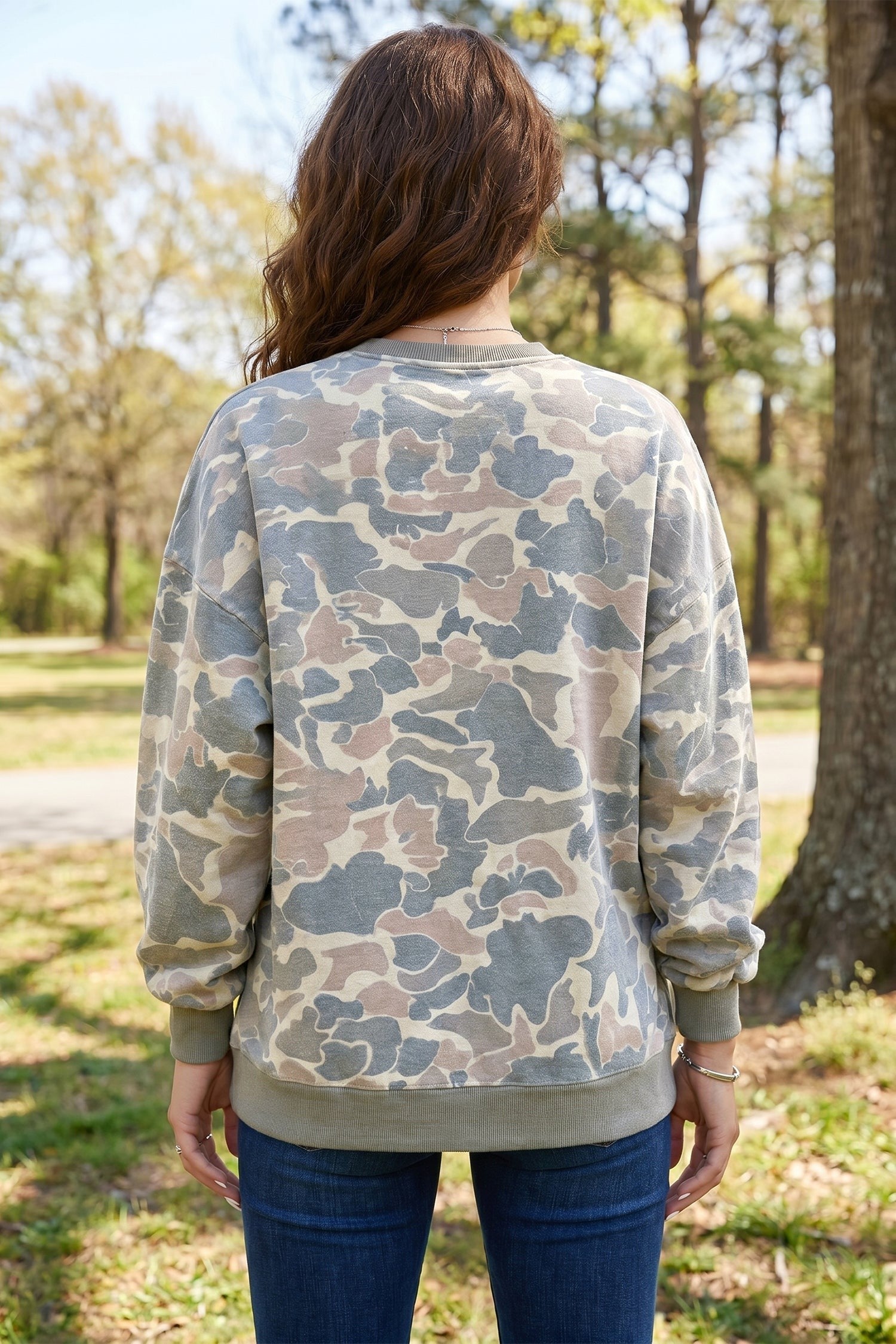 Multicolour Camo Print Ribbed Trim Pullover Sweatshirt Sweatshirt