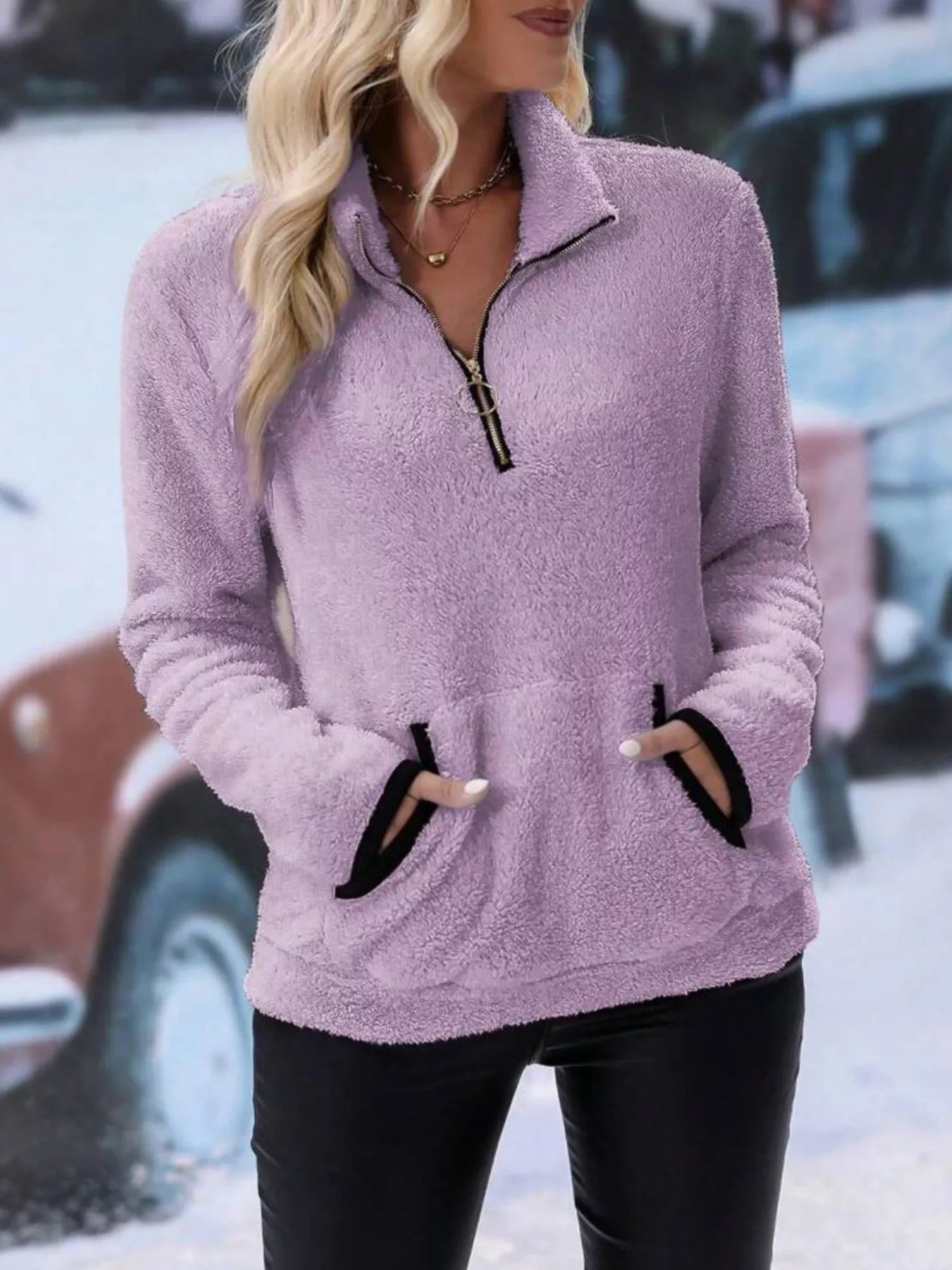 Plus Size Cozy Fleece Quarter Zip Sweatshirt with Pockets Sweatshirt Lavender