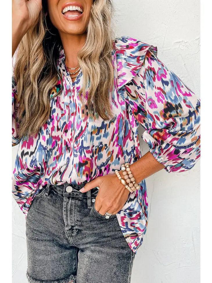 Abstract Print 3/4 Puff Sleeve Ruffle Blouse - Moonlight Boutique