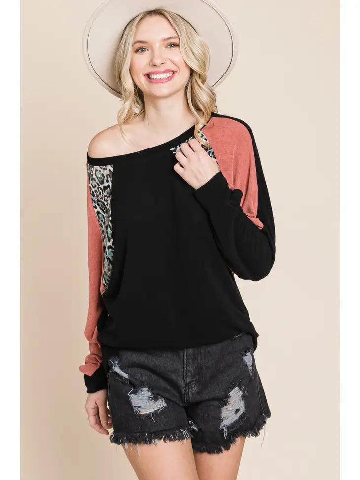 Color Block Animal Print Contrast Top - Moonlight Boutique