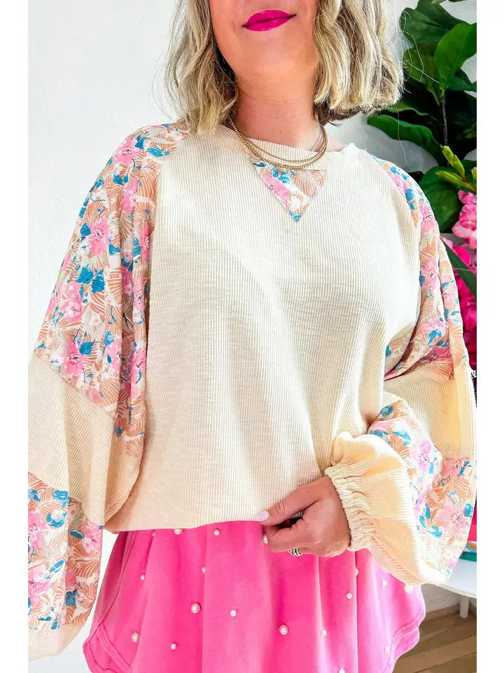 Apricot Plus Size Floral Patchwork Ribbed Puff Sleeve Top