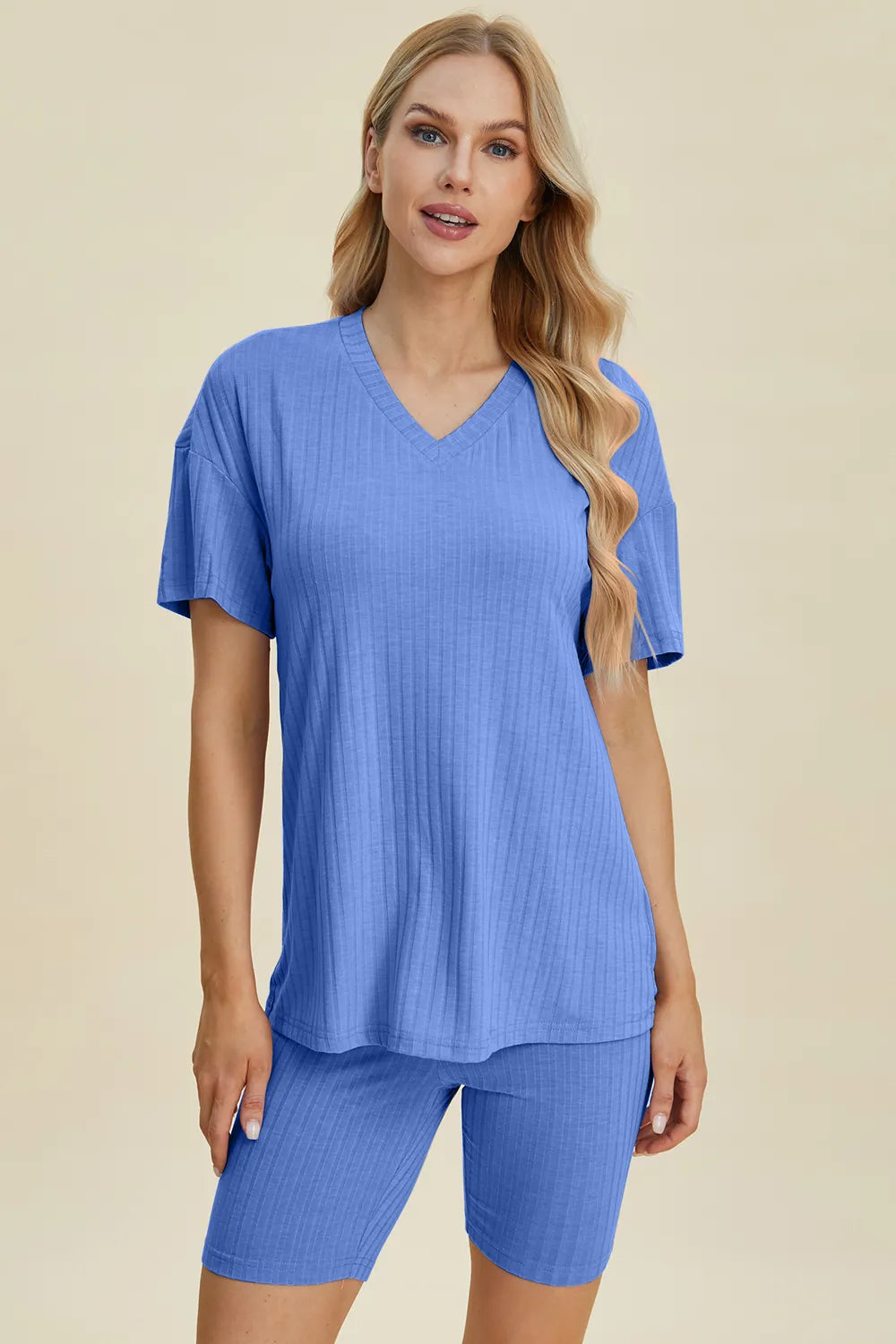 Basic Bae Full Size Ribbed V-Neck Short Sleeve Top and Shorts Set Clothing Set Blue