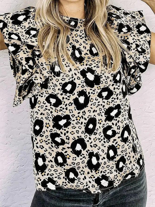 Crew Neck Ruffle Sleeves Leopard Blouse - Moonlight Boutique