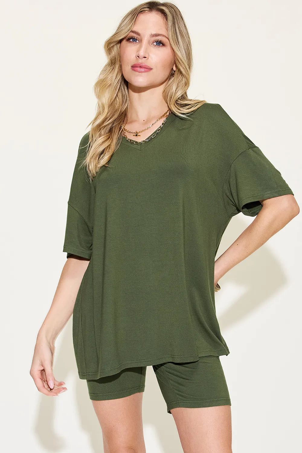 Basic Bae Full Size V-Neck Drop Shoulder T-Shirt and Shorts Set Clothing Set Matcha Green