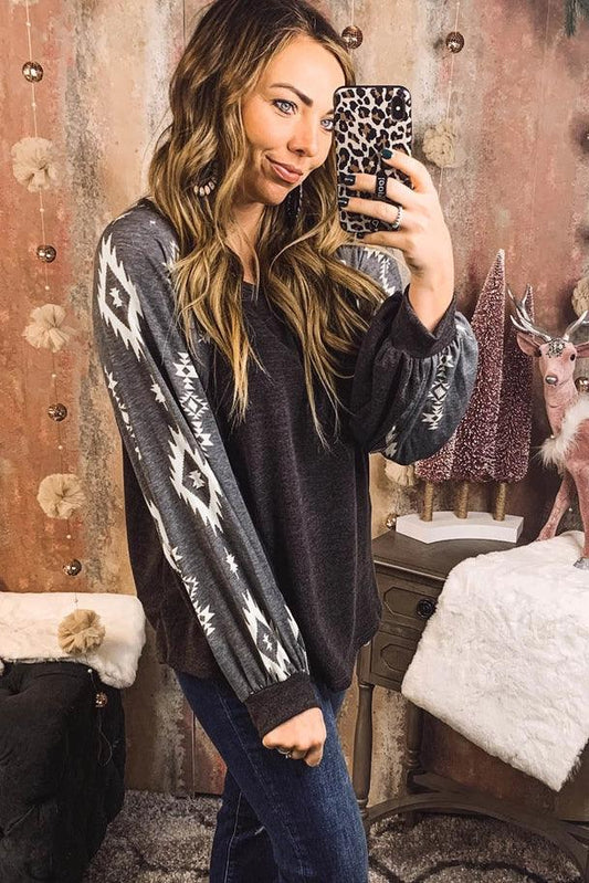 Western Print Patch Long Sleeve Top - Moonlight Boutique