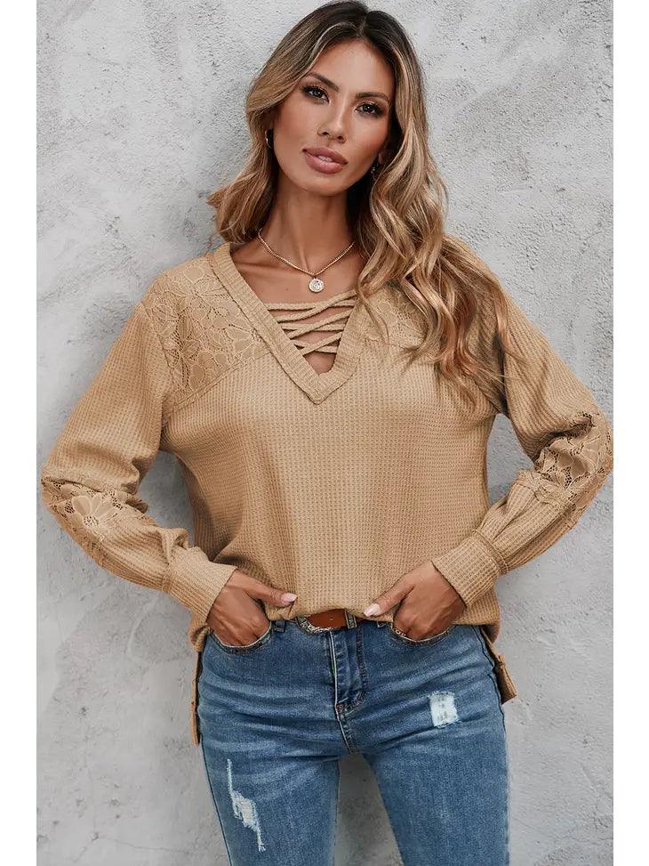 Apricot Lace Waffle Patchwork Strappy V Neck Long Sleeve Top - Moonlight Boutique