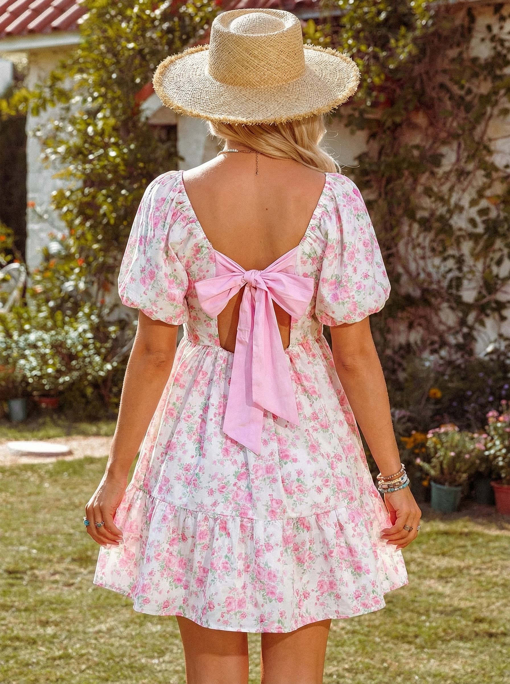 Floral Print Square Neck Ribbon Knot Back Pink Mini Dress S / Pink