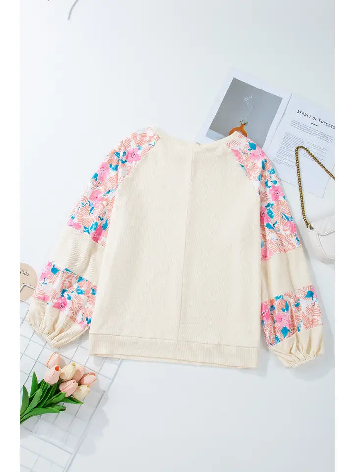 Apricot Plus Size Floral Patchwork Ribbed Puff Sleeve Top