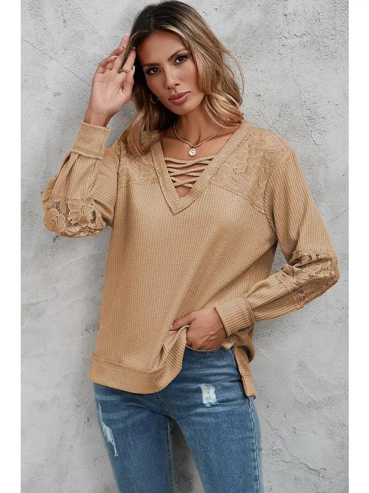 Apricot Lace Waffle Patchwork Strappy V Neck Long Sleeve Top - Moonlight Boutique