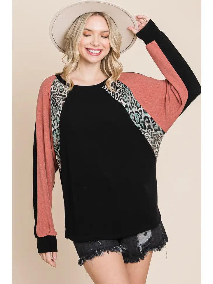 Color Block Animal Print Contrast Top - Moonlight Boutique