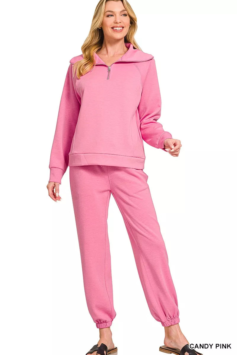 Zenana Scuba Half Zip Sweatshirts and Joggers Set sets CANDY PINK