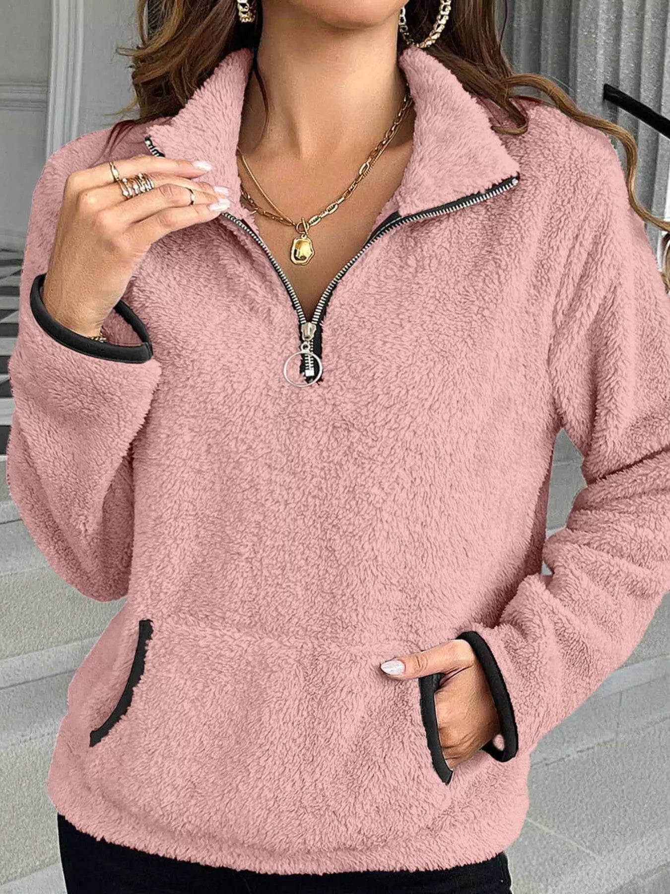 Plus Size Cozy Fleece Quarter Zip Sweatshirt with Pockets Sweatshirt