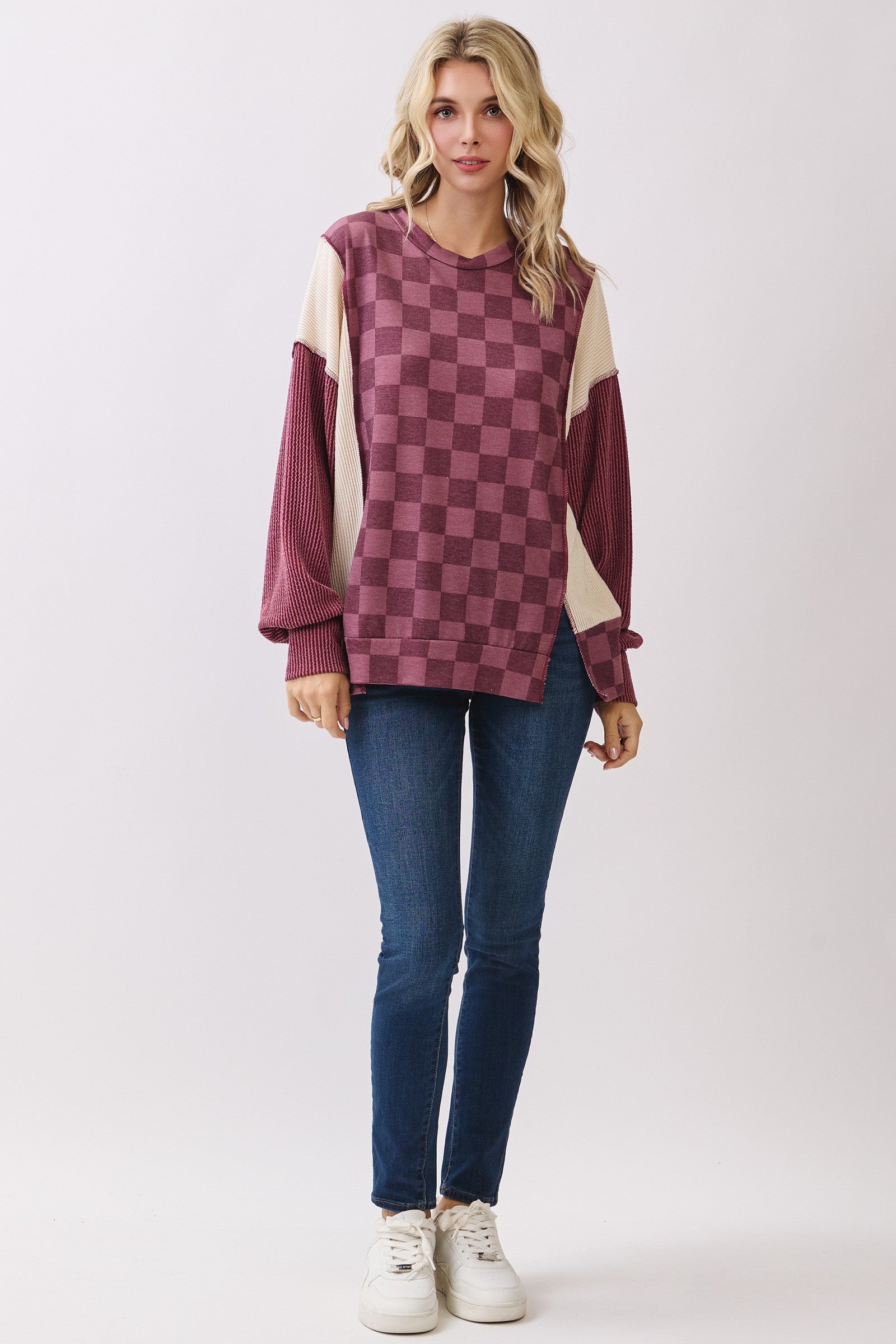 Checkered Print Long Sleeve Pullover Top Tops