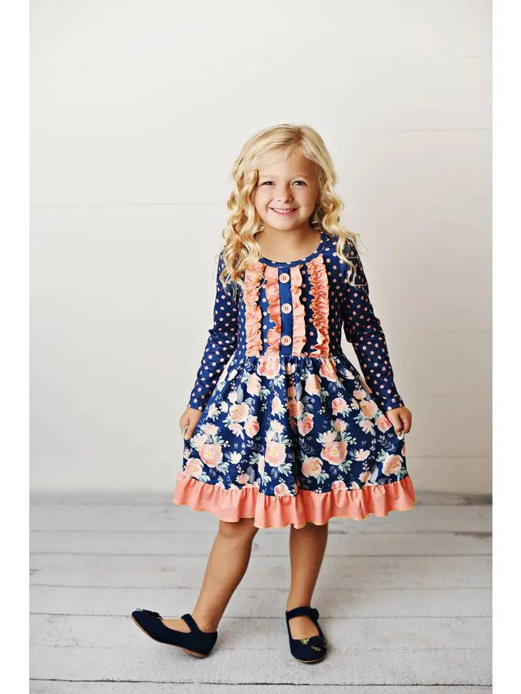 Kids Navy Coral Floral Long Sleeve Ruffle Dress - Moonlight Boutique