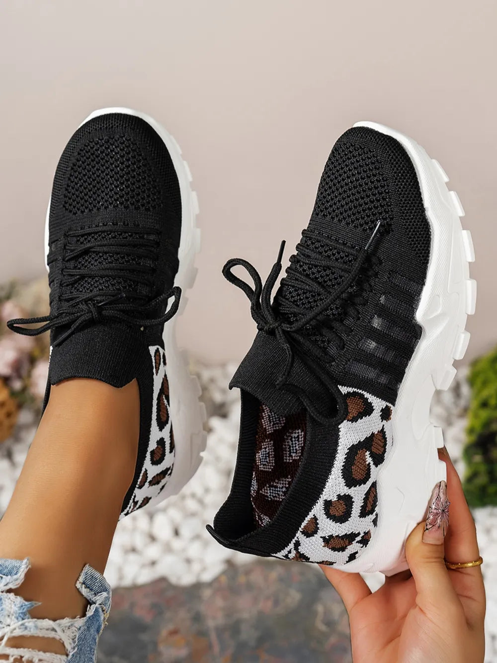 Cutout Leopard Lace Up Mesh Athletic Shoes