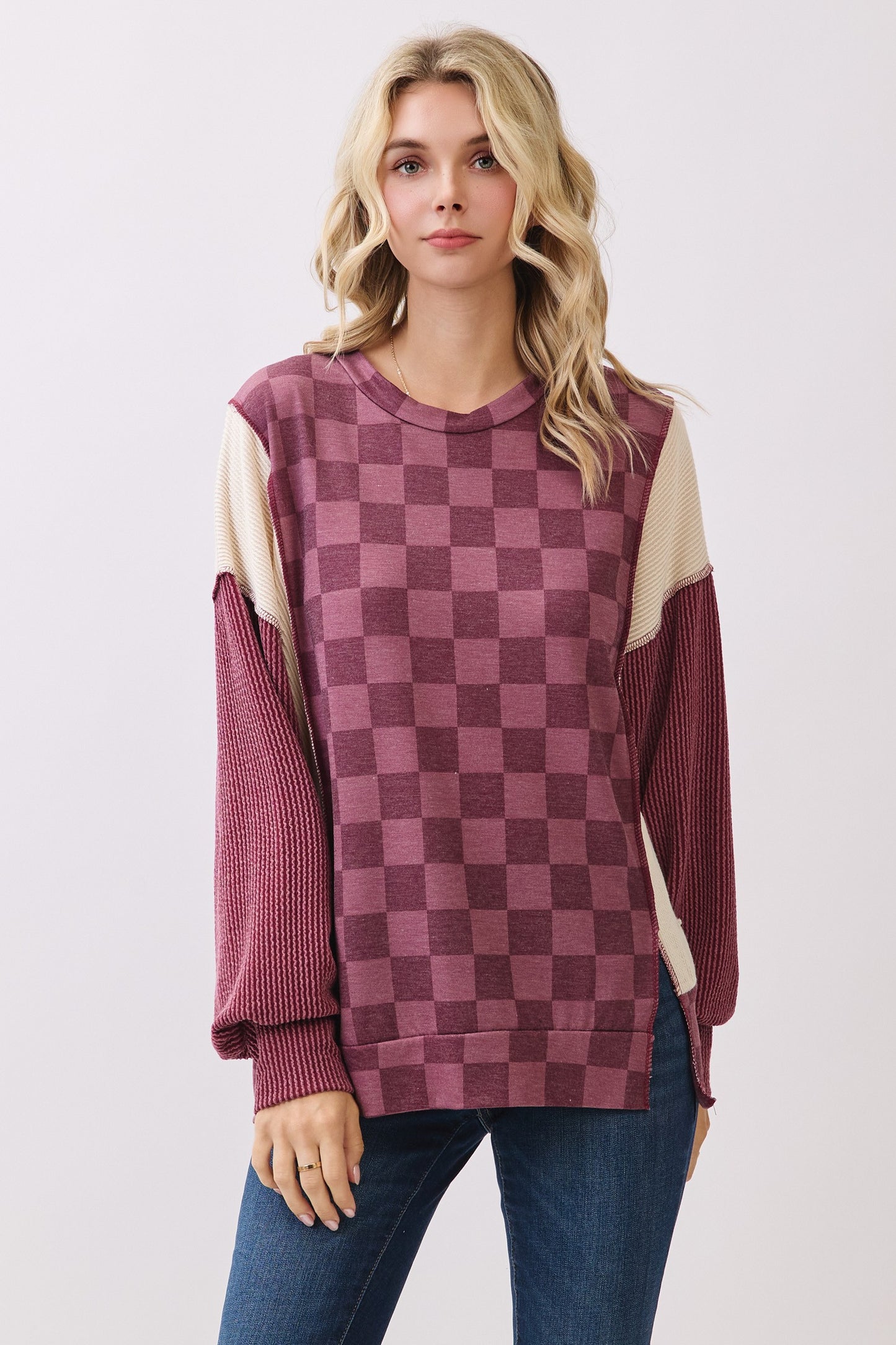 Checkered Print Long Sleeve Pullover Top Tops