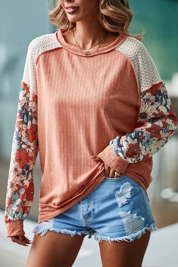 Floral Patchwork Puff Sleeve Textured Blouse - Moonlight Boutique