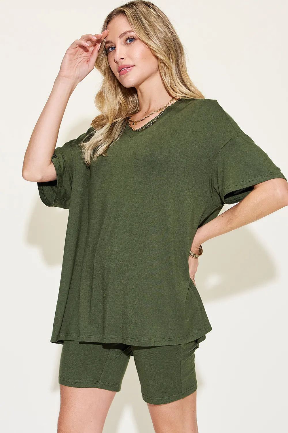 Basic Bae Full Size V-Neck Drop Shoulder T-Shirt and Shorts Set Clothing Set