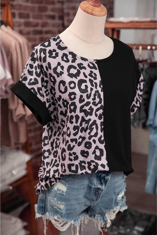 Casual Leopard Patchwork Short Sleeves Top - Moonlight Boutique