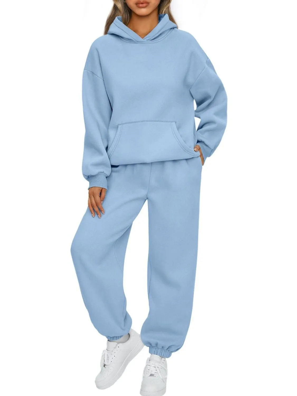 Full Size Kangaroo Pocket Hoodie and Joggers Set Plus Size Clothing Set Light Blue