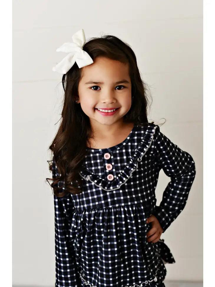 Kids Pink & Navy Gingham Check Button Ruffle Winter Pant Set - Moonlight Boutique