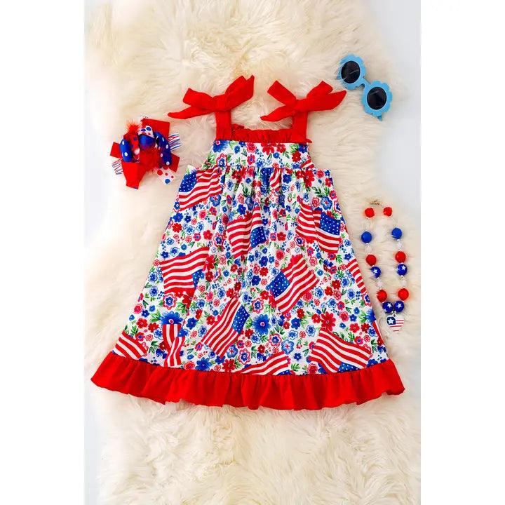 Patriotic Printed Dress W/Red Ruffle Hem - Moonlight Boutique