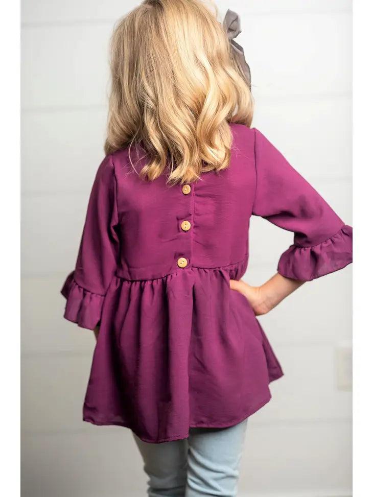 Kids Wine Ruffle Long Sleeve Shirt with Buttons - Moonlight Boutique