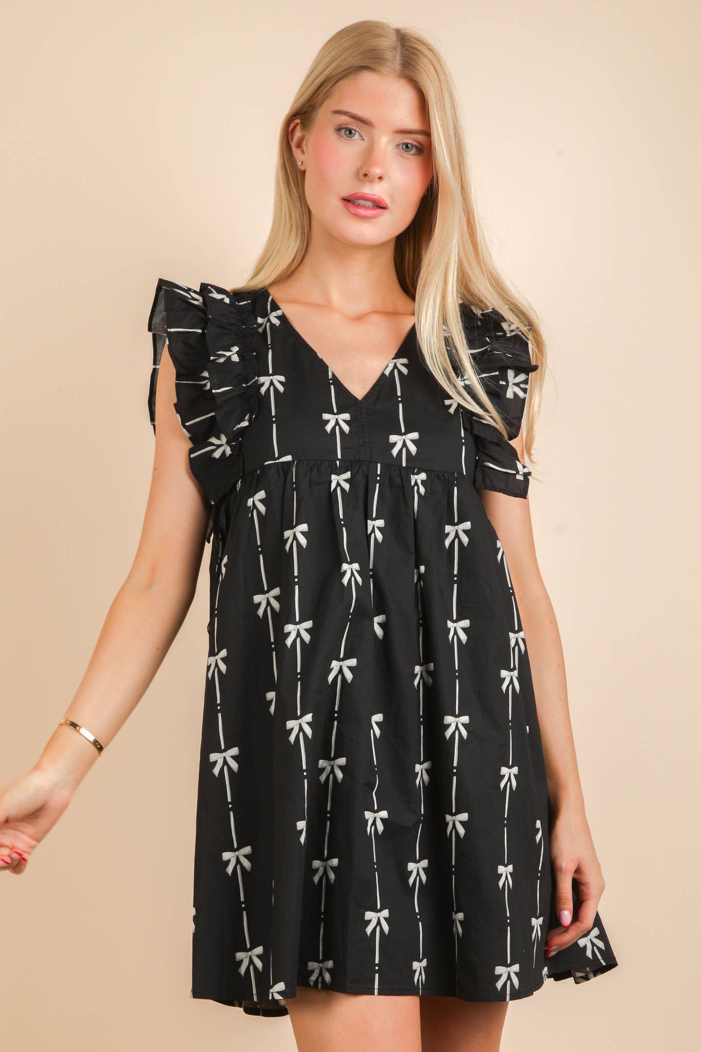 Bow Printed Sleeveless Mini Dress Dress BLACK