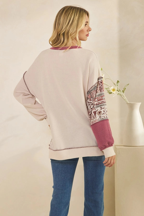 Patchwork Knit Long Sleeve Pullover Top - Oatmeal & Burgundy Color Block Sweater