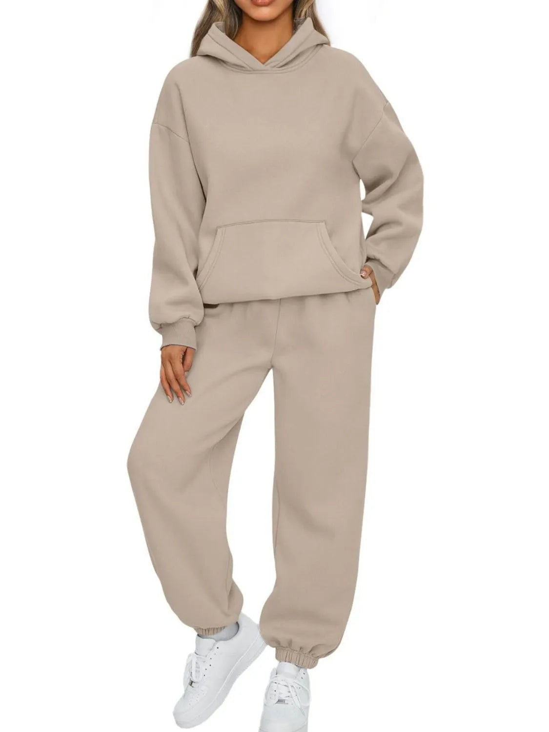 Full Size Kangaroo Pocket Hoodie and Joggers Set Plus Size Clothing Set Khaki