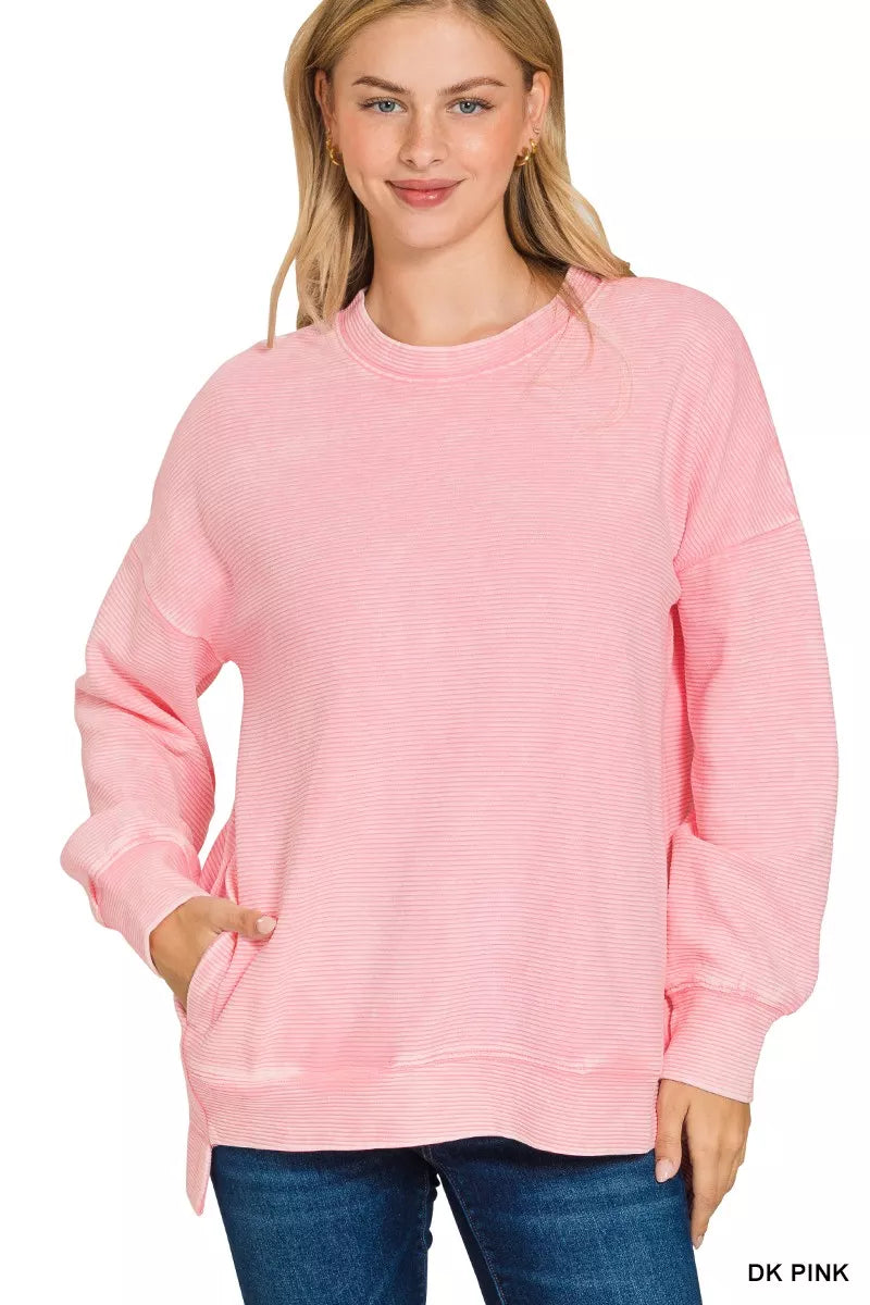 Zenana Full Size Acid Washed Double Ribbed Hi-low Sweatshirt Plus Size Sweatshirt DK PINK