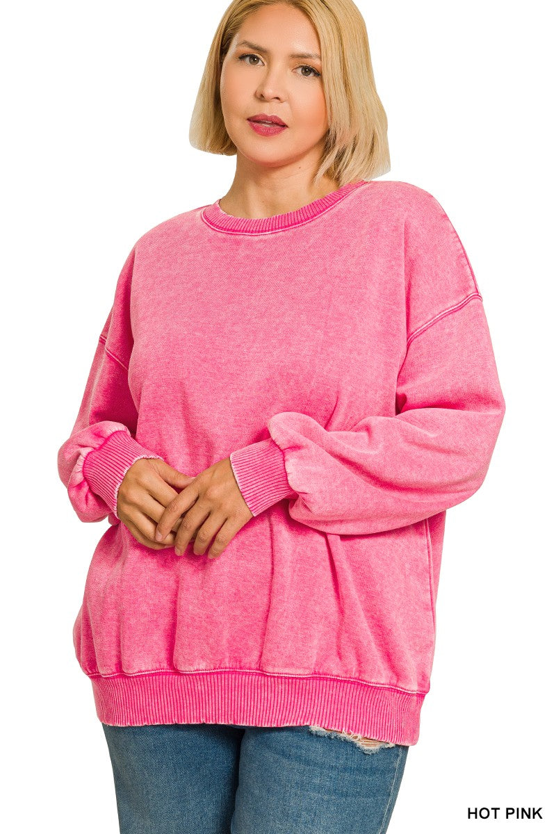 Plus Acid Wash Oversized Fleece Pullover Sweatshirt Hot pink
